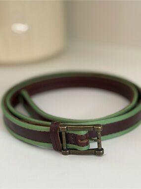 Linea Pelle Green and Brown Leather Belt with Brass Buckle and Green Trim